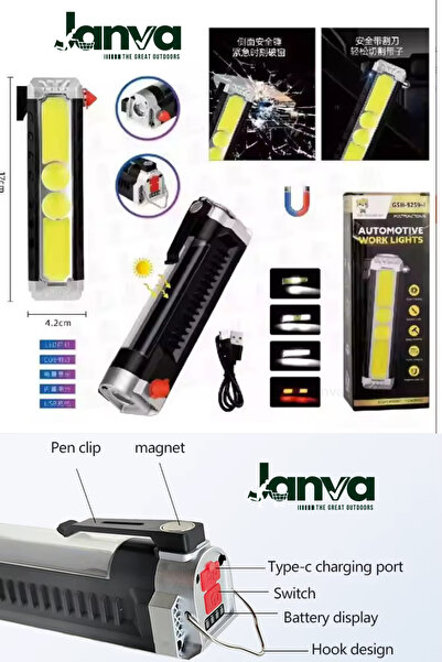 Janva Cam Kırıcı Acil Durum Kablo Sıyırma Çakarlı Usb Şarjlı Kamp El Feneri I...