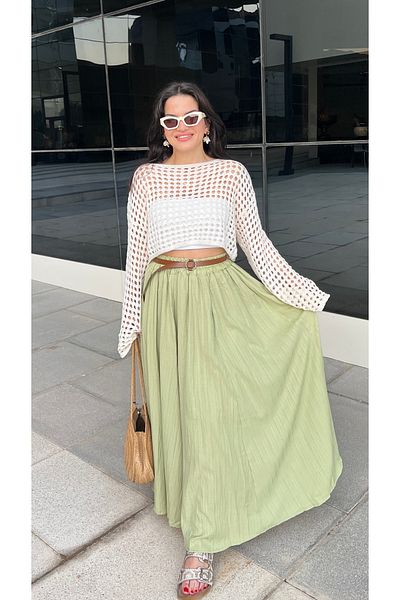 Butik Green Seersucker Draped Lined Skirt