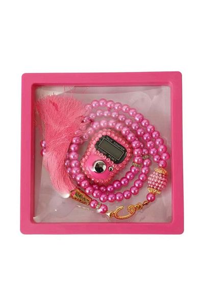 huitich Digital Elegance 99 Glass Bead Tasbeeh Gift Set with Digital Counter Dark Pink