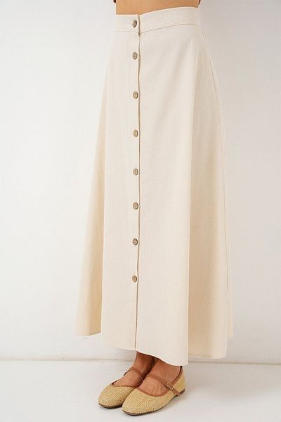 D&M Life Collection Buttoned Linen Long Skirt 8046 - Cream - 38