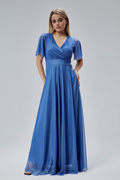 HELVEYS Kadın Simli Tüllü Kruvaze Yakalı İç Astarlı Volan Kollu Fermuarlı Esnek Şık Uzun Abiye Elbise H3051