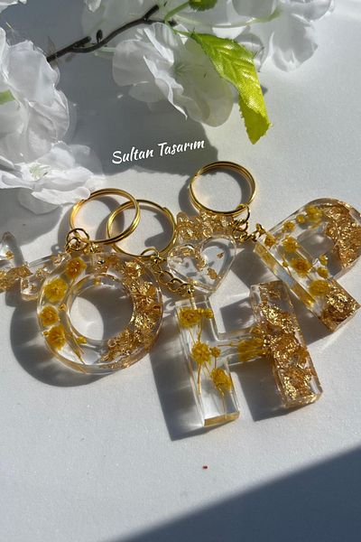 Sultan Tasarım Gold Foil Floral Glittery-Paillette Epoxy Letter - Number Keychains