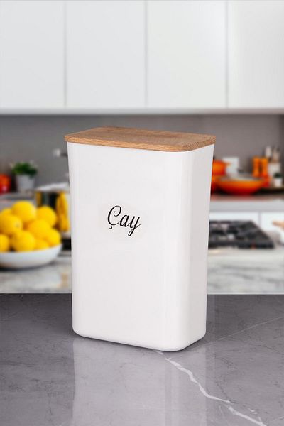 naturelove 2-Piece White Tea - Sugar and Food Storage Box Wooden Vacuum Lid 3 Lt Acrylic Label