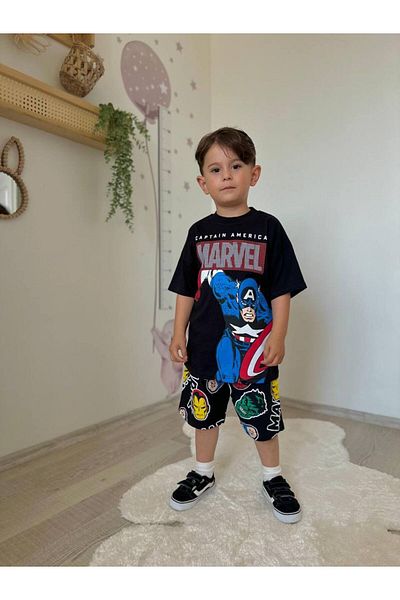 JELİBOOM Marvel Captain America Boy's Shorts Suit 100% Organic Cotton
