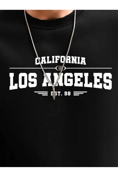 D&M Life Collection Men's Long Sleeve Crew Neck Los Angeles Written Two Thread Blouse - L-Xl - Black