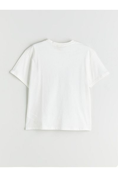 LC Waikiki Ecru Crew Neck Stitch and Angel Printed Girl's T-Shirt