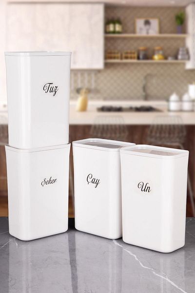 naturelove 4-Piece White Un Salt Sugar Tea Food Storage Box Vacuum Lid 3 Lt Acrylic Labeled
