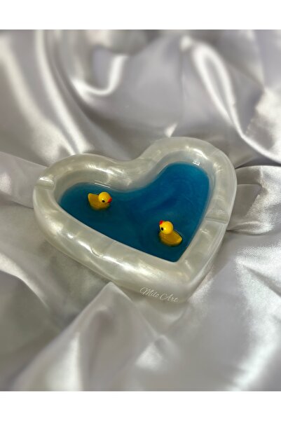 Milo Art El Yapımı Mini Ördek Temalı Kalp Şeklinde Epoksi Küllük Kalp Küllük Kül Tabağı