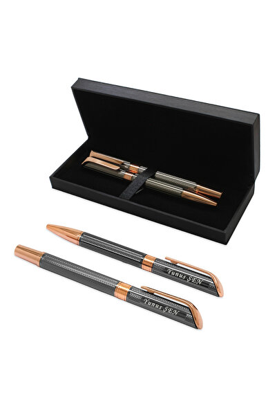 Tesbihane Kişiye Özel İsim Yazılı Rose Gri Renk Roller Tükenmez Kalem Seti