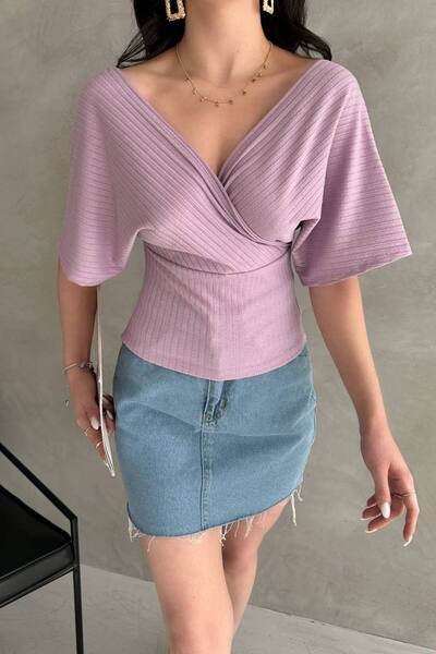 LB Laluna Butik Bluză de damă cu mânecă lunară, cu guler dublu, cu detaliu de bandă încrucișată