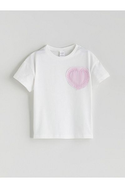 LC Waikiki Ecru Crew Neck Heart Striped Girl's T-Shirt