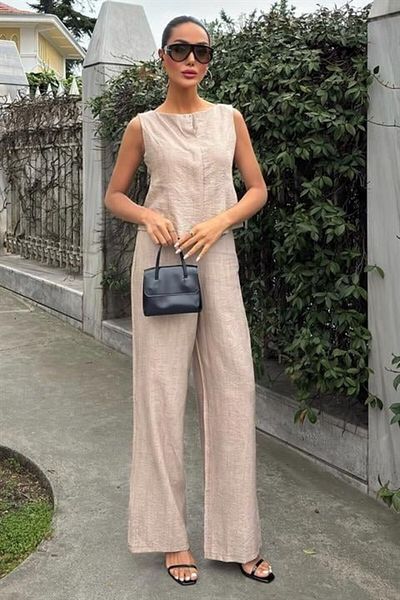 D&M Life Collection Zero Sleeve Blouse Tie-Dye Patterned Trousers Double Suit 10181-08 - m - Beige