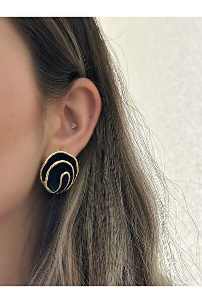 MyladyAccessoriess 14K Altın Kaplama Gold Detaylı Siyah Küpe