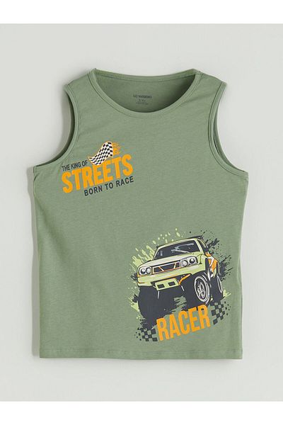 LC Waikiki Green Crew Neck Printed Boys Singlet