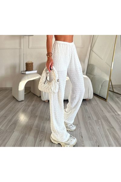 OYYOMODA Premium Wrinkle Felt Fabric Ultra High Waist White Pants