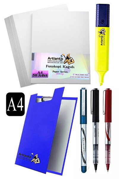 Artlantis Kapaklı Sekreterlik A4 Pilot Kalem 3 Renk A4 Beyaz Fotokopi Kağıdı 50 Adet Fosforlu Kalem Sarı Ofis