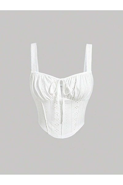 Marin Star White Embroidery Patterned Bust Low-Cut Front Lace-Up Strap Crop, White Embroidery Patterned Blouse