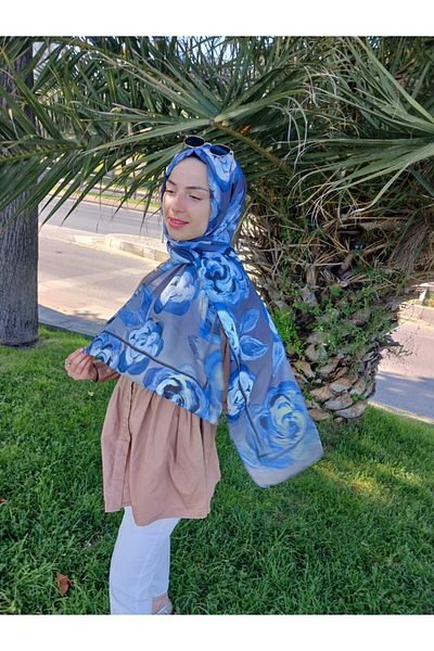 Nilbutik Rose Pattern Cotton Shawl Navy Blue