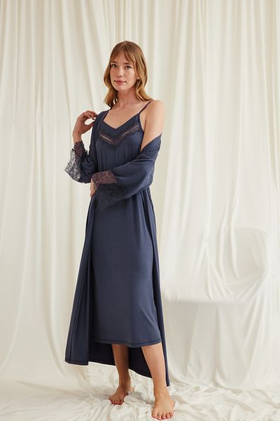 MONAMİSE Women's Low-Cut Collar and Sleeves Lace Dressing Gown Nightgown Set 18507