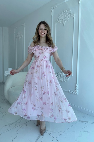HELİS BUTİK Rochie din țesătură șifon roz cu detaliu de cravată