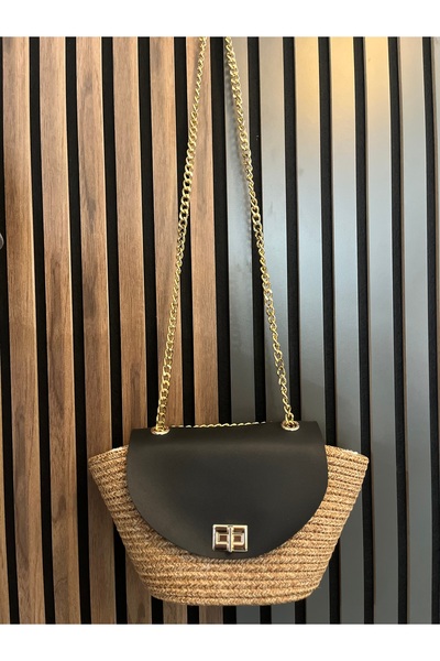 Home Geantă de mână și de umăr cu detalii din răchită naturală - Design cu capac cu lanț