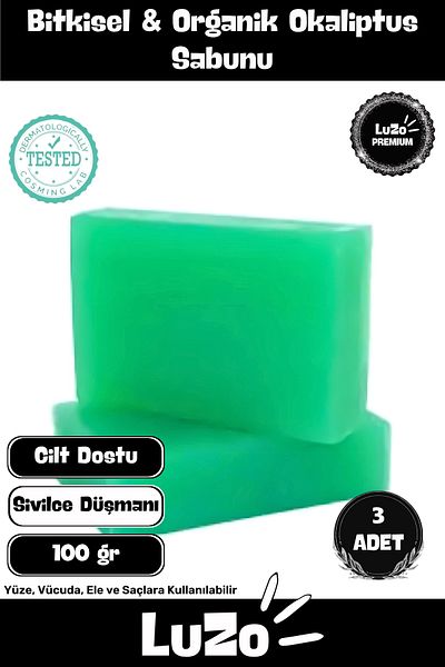 LuZo Premium 100% Natural Organic Facial Hair Body Skin Balancing Collagen Effective Eucalyptus Soap 3 Pieces