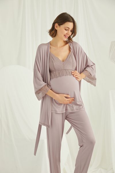 MONAMİSE Monamise Lohussa Women's Mink Special Design Lace Pregnant Maternity 3-Piece Pajama Set