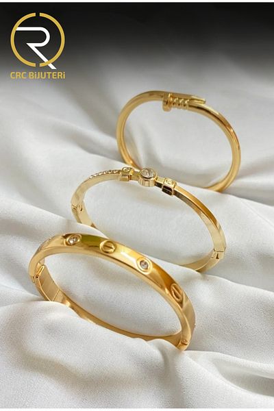 Crc Bijuteri Women's Gold Color 3-Piece Stone Handcuff Bracelet Set – Elegant and Sparkling Design