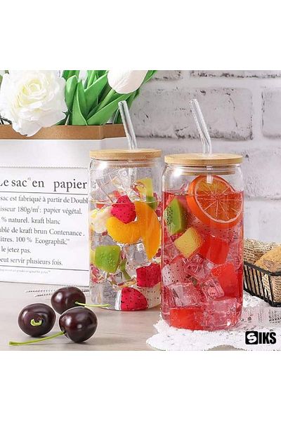 SIKS Set of 4 SIKS Glass Cups, With Bamboo Lids and Reusable Glass Straws, 500 ml, Transparent