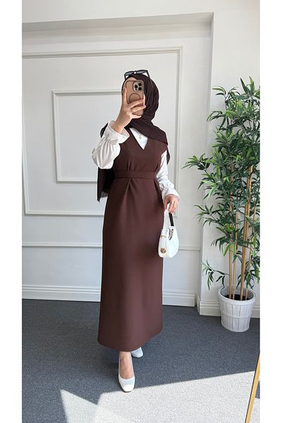 Nisa Nalbantoğlu Brown Crepe Hijab Plain Gilet