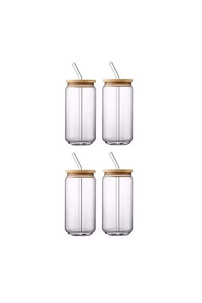 SIKS Set of 4 SIKS Glass Cups, With Bamboo Lids and Reusable Glass Straws, 500 ml, Transparent