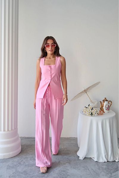 BE CHİC Women's High Waist Palazzo Pants and Buttoned Square Collar Linen Vest 2-Piece Set Sg70002