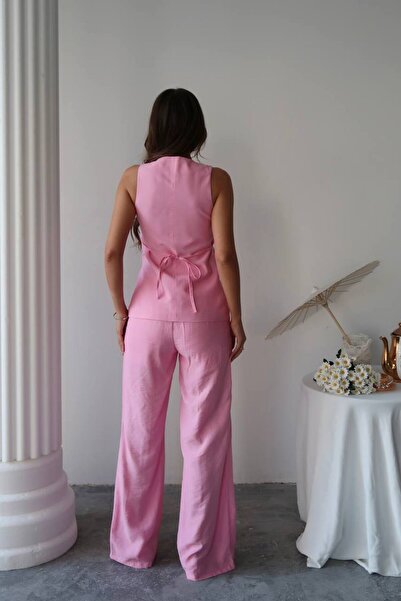 BE CHİC Women's High Waist Palazzo Pants and Buttoned Square Collar Linen Vest 2-Piece Set Sg70002