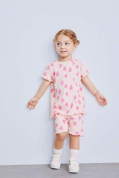 DeFacto Baby Girl 2-Piece Set Patterned Ribbed Camisole Short Sleeve T-Shirt Shorts E0724A525Sm