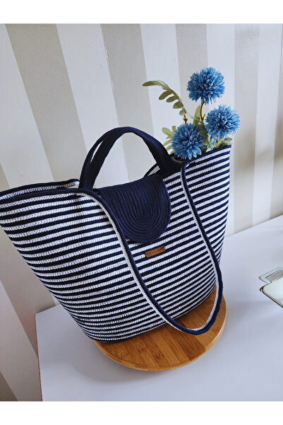 Yektayla حقيبة شاطئ مصنوعة يدويًا باللون الأزرق الداكن مع غطاء أبيض، وحقيبة كتف