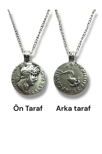 Herşey Nota Roman Coin Necklace with Aelius Caesar Figure - Double Sided - 1 Piece - 60 cm Chain Metal Necklace