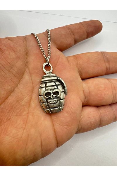 Herşey Nota Grenade Figured Necklace – Pubg & Fortnite Inspired Silver Color Unisex Game Themed Jewelry