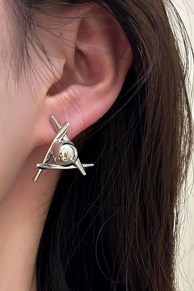 Mutenaura Silver Color Triangle Ball Stud Figured Steel Earrings