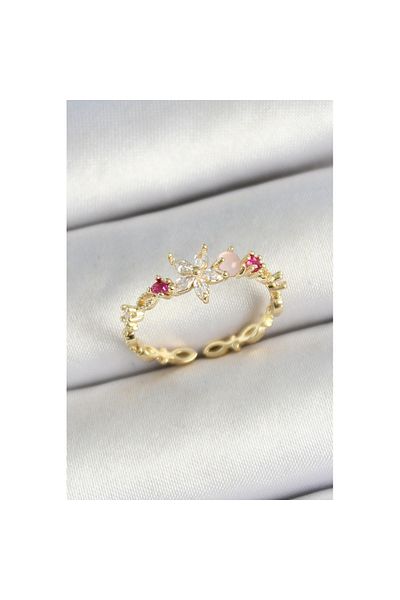 Skygo Brass Daisy Figured Zircon Stone Gold Color Adjustable Women's Ring - Tj-Byk3778