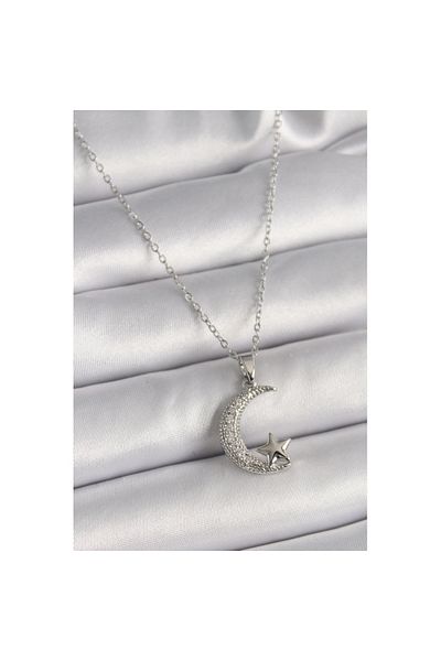 Skygo 316L Steel Silver Color Chain Zircon Stone Crescent Model Star Detail Women's Necklace - Tj-Bko9655