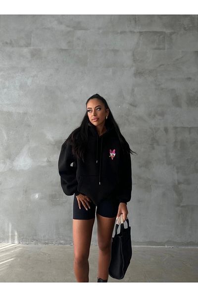 ufukmoda 3 Thread Hooded Oversize Compact Duck Printed Sweat Black