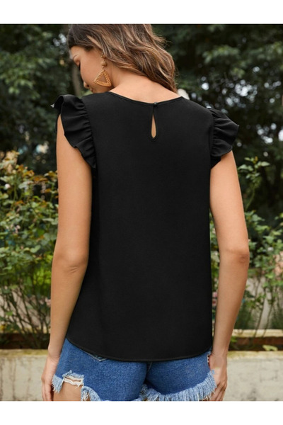 Aesco By Han Women's Round Neck Ruffled Sleeves Crepe Blouse