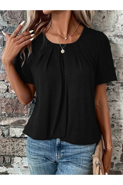 MRA Fashion Women's Short Sleeve Round Neck Front Pleated Loose Viscose Blouse