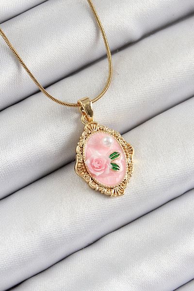shopwave 316L Steel Chain Pink Artistic Portrait Pearl Detailed Rose Figured Model Gold Color Women's Necklace