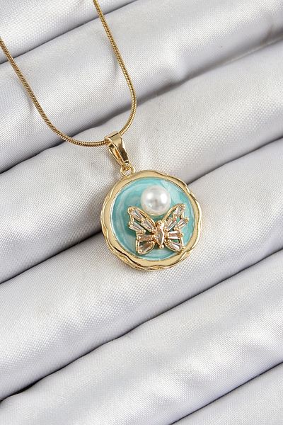 shopwave 316L Steel Chain Zircon Stone Turquoise Artistic Portrait Pearl Detailed Butterfly Model Gold Color Women's Ko