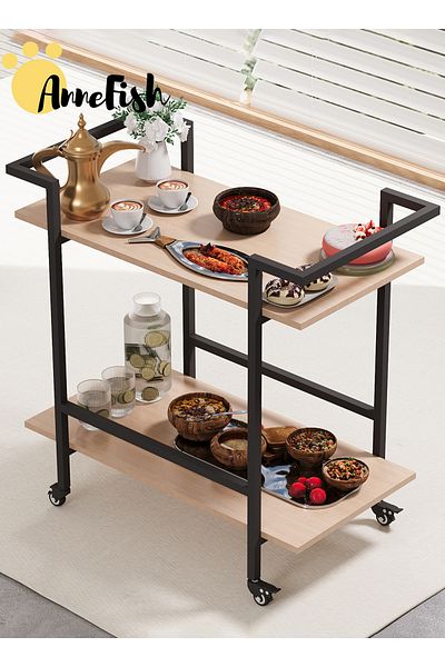 AnneFish 80*40*75cm 2 Tier Rolling Service Trolley Cart with Wheels Beverage Cart Protective Rails Kitchen