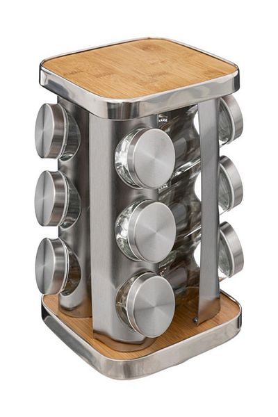 Five Simply Smart 12-Piece Rotating Stainless Steel Bamboo Spice Rack and Jar Set
