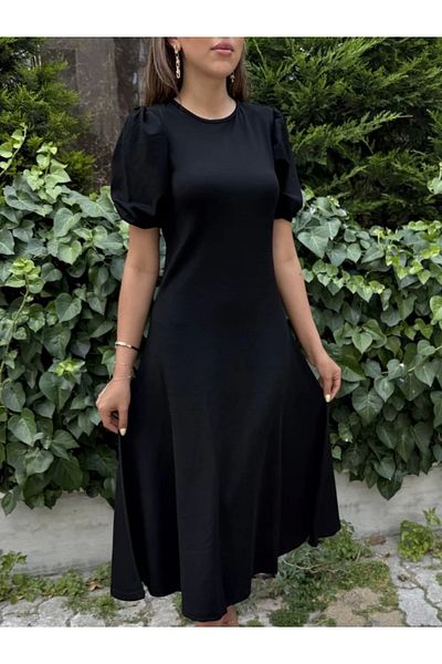 nedo7 Women's Short Balloon Sleeve Crew Neck Wide Cut Janjan Crepe Dress