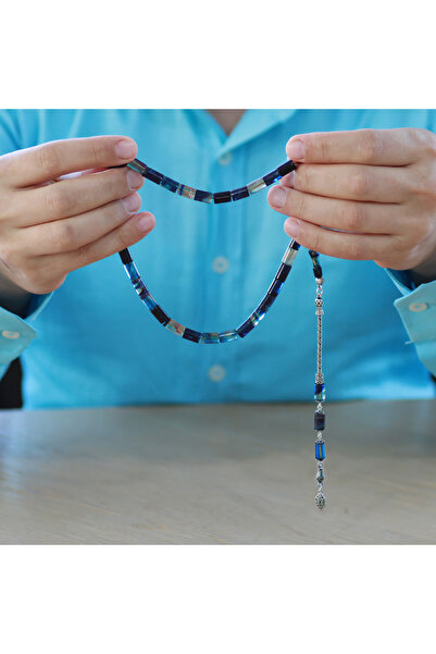 Tesbihane 925 Ayar Gümüş Püsküllü Kesme Kesim Mavi Beyaz Ateş Kehribar Tesbih