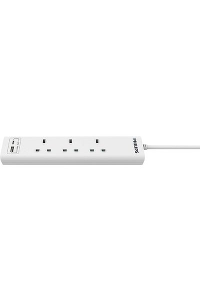 Philips 13A 3-Socket 2-USB UK Plug Power Extension Cord White 3m